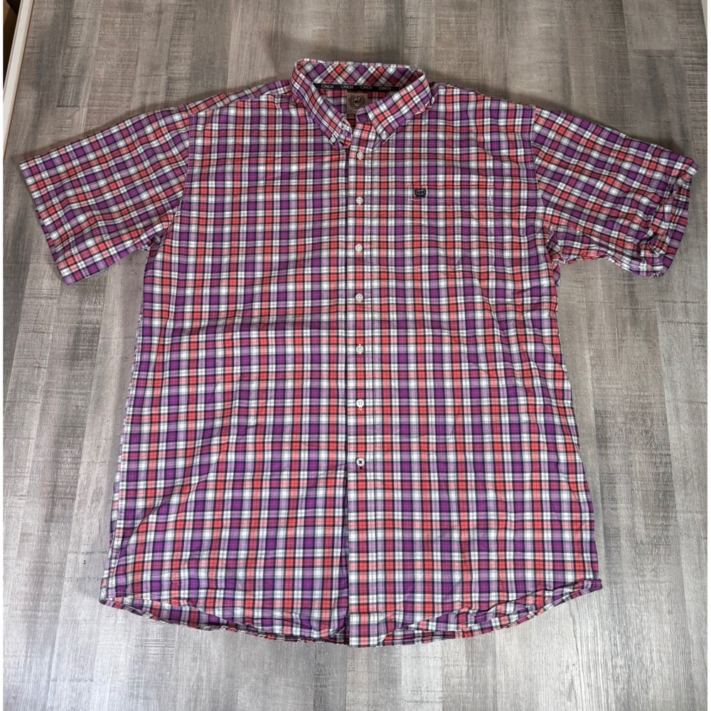 Cinch Mens 2XL Short Sleeve Plaid Button Down Shirt Purple Orange Cotton Western